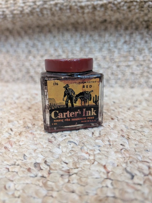 Carter's Vintage 1930's Glass Bottle ink Permanent Red Label Tin Lid Top Old