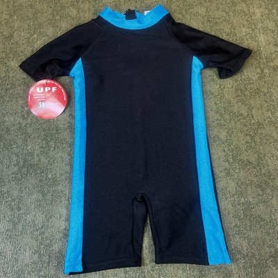 Boys One-piece Swimsuit Short Sleeves Swimwear Black Blue Sz 3 years