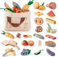 Wooden Play Food 4-in-1 Cutting Set, Pretend Play Toy Food for Play Kitchen w...