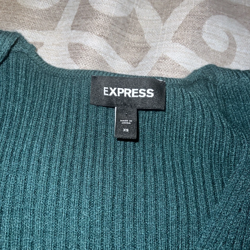 Express Womens Green Ribbed Sweater Pullover XS Knit VNeck Long Puff Sleeve - Image 2 of 4