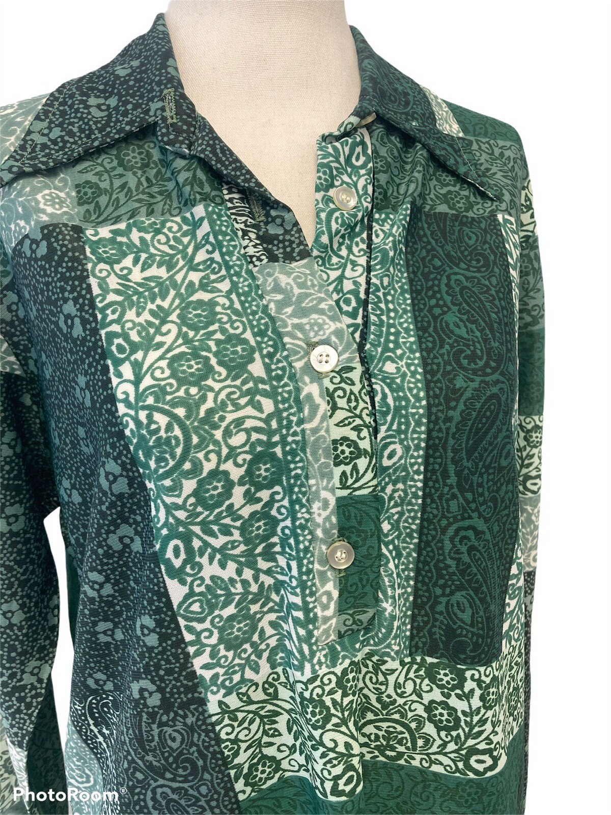 Vintage 70s Polyester Floral Patchwork Print Blou… - image 2