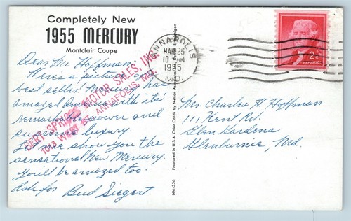 Postcard Automobile AD 1955 Mercury Montclair Coupe Dealer Annapolis MD AD18 - Picture 2 of 2