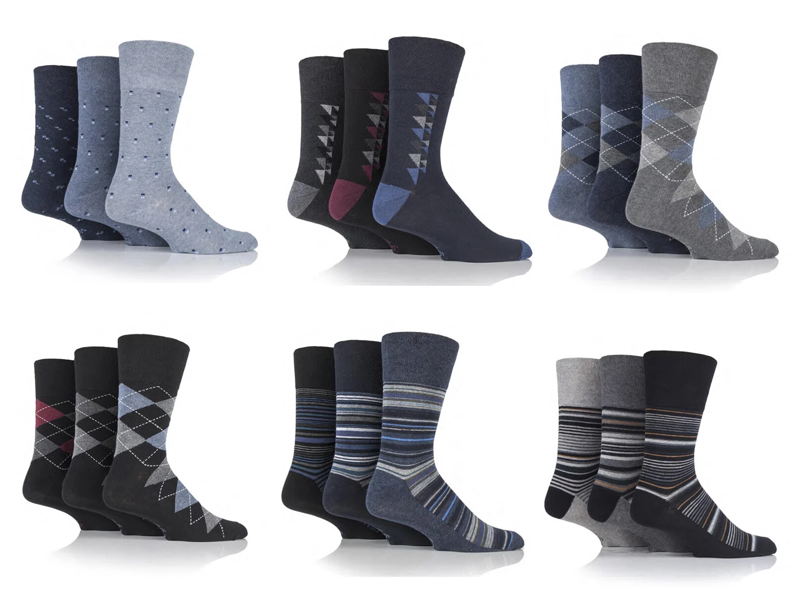 6/12 Pairs Mens Big Foot Gentle Grip Assorted Design Crew Socks UK Size 12-14