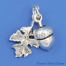 Acorn and Oak Leaf Movable 3D 925 Solid Sterling Silver Charm Pendant USA MADE