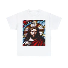 Vintage Style T Shirt Jesus Tee Christ Religious Stained Glass Painting Graphic