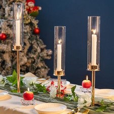 Set of 3 Clear Glass Candle Holder Cylinder Hurricane Pillar with Metal Base