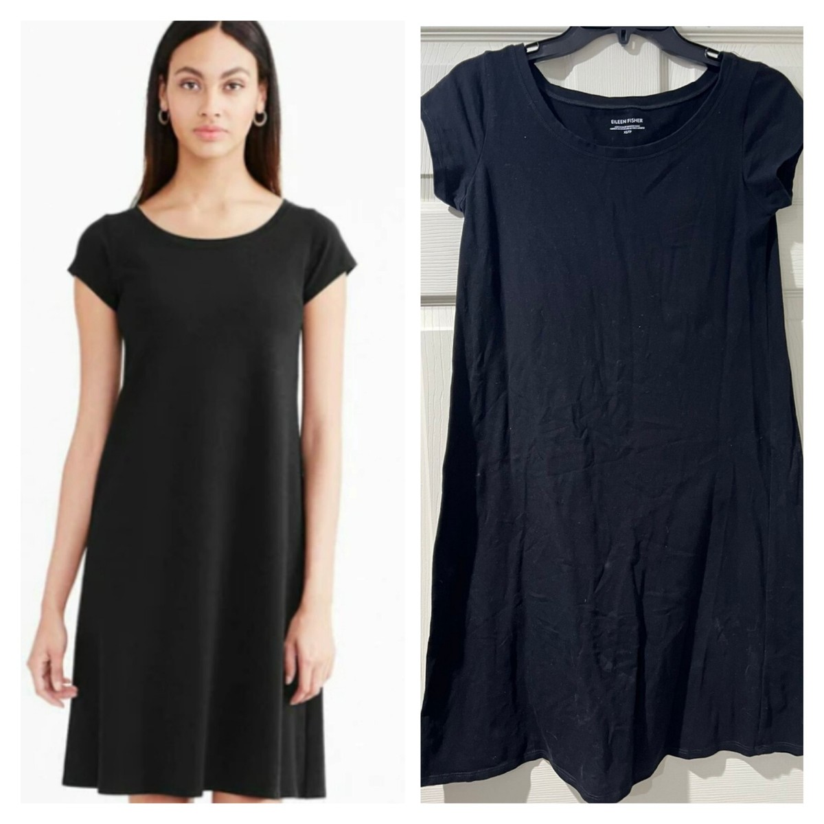 EILEEN FISHER ORGANIC COTTON BALLET-NECK DRESS Black ,XS Petite
