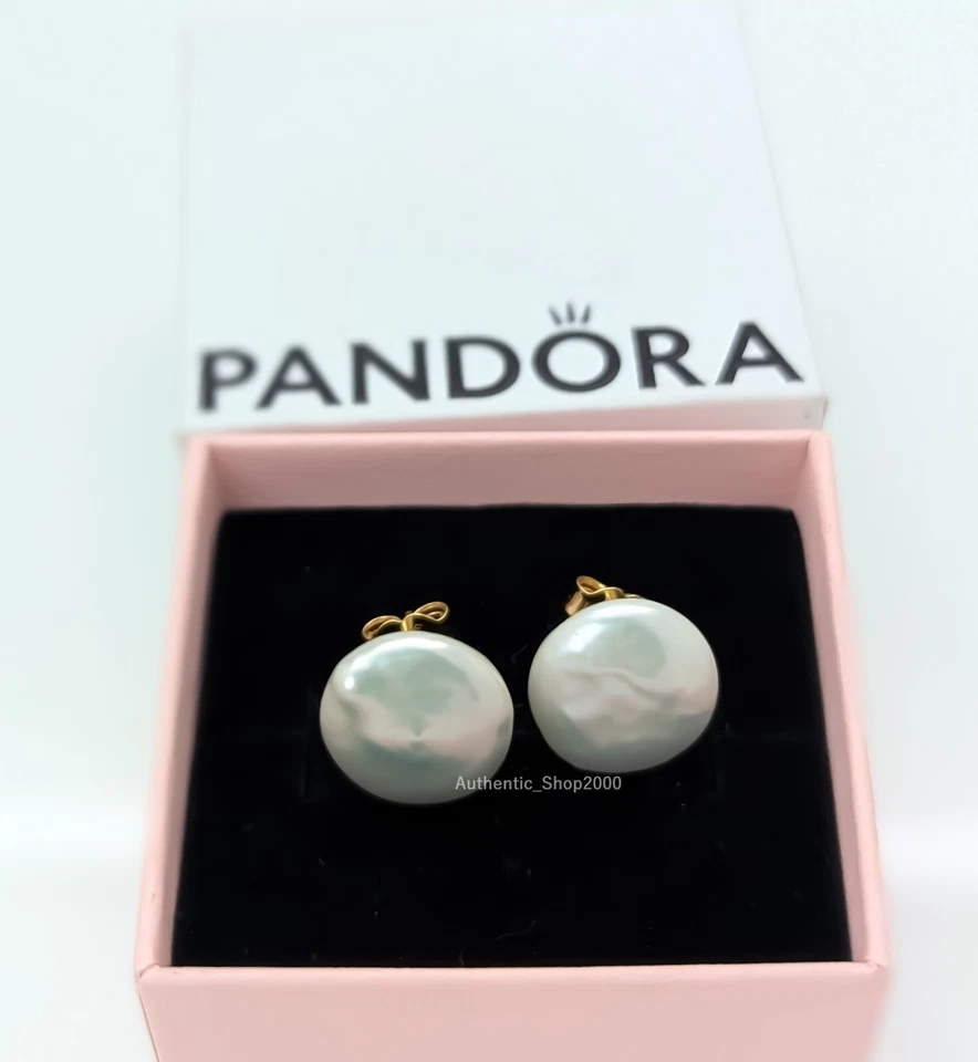 New 100% Authentic PANDORA Gold Baroque Cultured Pearl Stud Earrings 263309C01 - Image 2 of 4