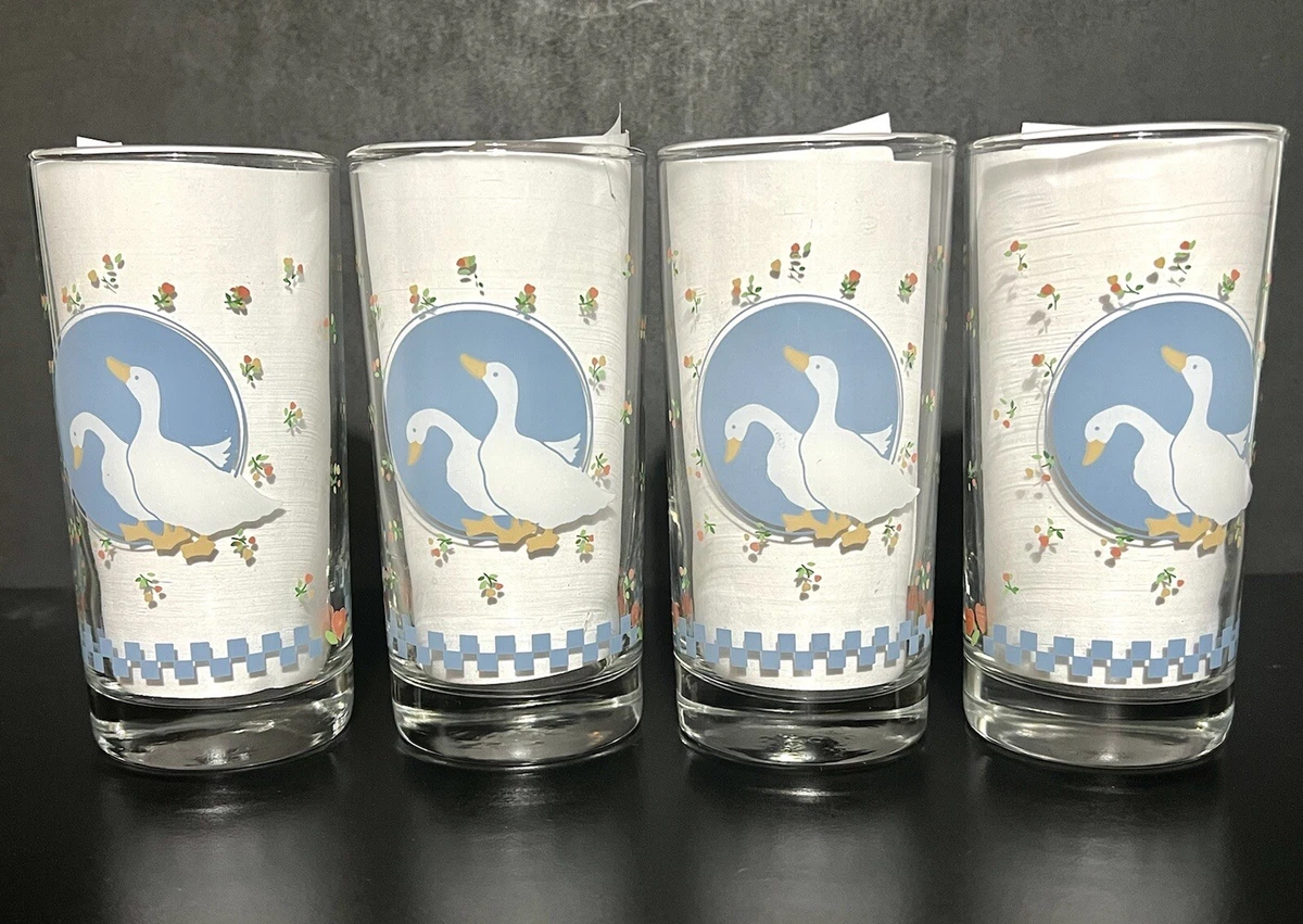 Set of 4 Vintage Blue Duck Geese Juice Drinking Glasses 12 oz 5 1