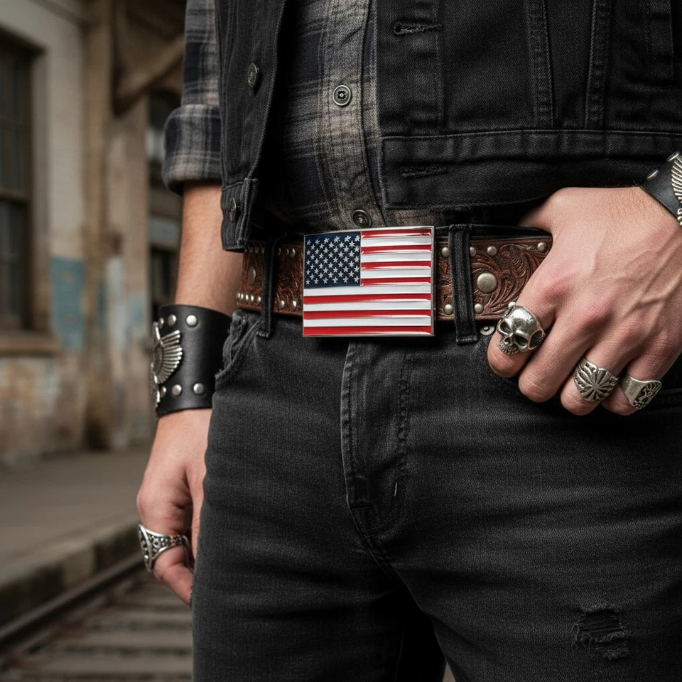 男式女式皮带扣金属银美国美国国旗军队红色蓝色 — 第 3/4 张图片