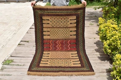 Tapis Turc 3x5 Tissé Main Anatolie Est Vintage Cicim Naturel Kilim 112x170cm - Photo 1/4