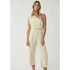 Free People Avery One Shoulder Jumpsuit Wide Leg Pockets Cream Ivory US 4 NWT