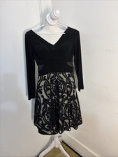 Flirty Party Dress Sz 2 Long Sleeve Fit & Flare Black Sheer Damask Skirt NWT