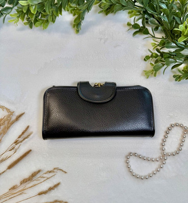 Vintage Sirco By McDuff Black Leather Wristlet Wallet Coin Purse Strap Kiss Lock