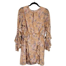 Fanco Mini Dress L Tan Chiffon Floral Ruffled Boho Country Western Cowgirl Glam
