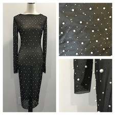 Black Silver Studs White Pearls Stretch Sheer Mesh Fitted Dress Womens sz Small
