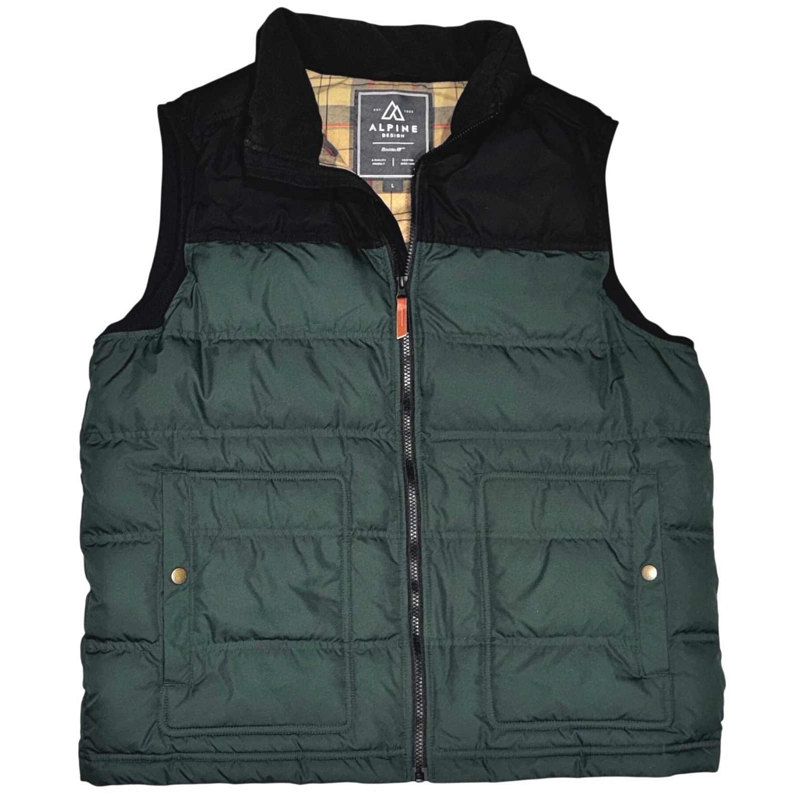 Alpine Design Men's Puffer Vest Quilted Dark Green Black Full Zip Size L Outdoor