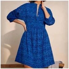 Boden Size 10 Long Broderie Embroidered Eyelet Blue A-Line Shirt Dress