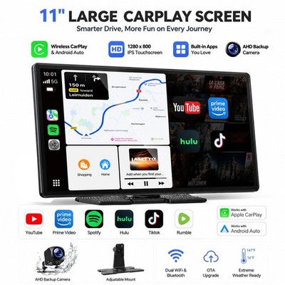 LAMTTO 11'' Wireless CarPlay Screen Android Auto w/ YouTube TikTok Rear Camera HD