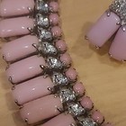 VINTAGE STUNNING PINK MILK GLASS CLEAR RHINESTONE NECKLACE  EARRING SET RETRO — photo 8