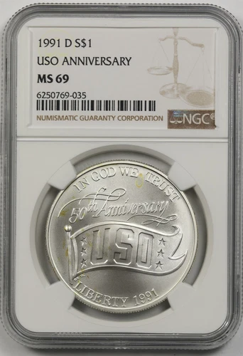1991-D USO Anniversary $1 NGC MS 69 Modern Commemorative Silver Dollar