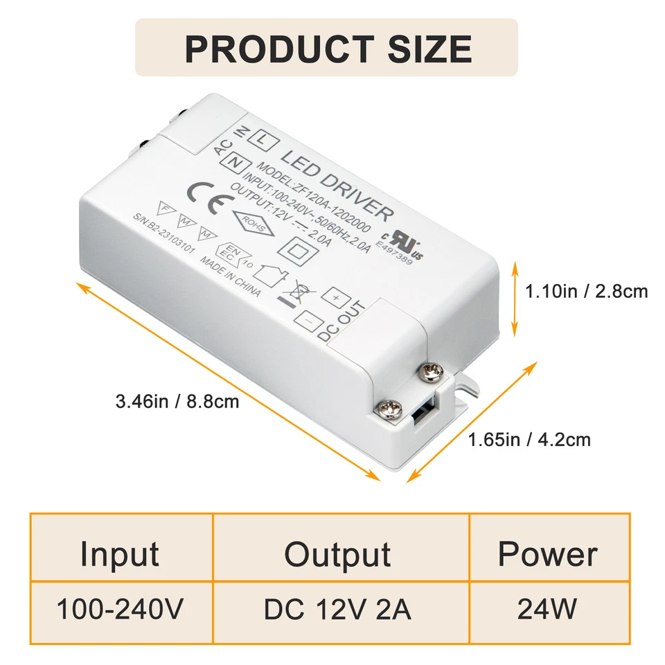 24W LED Light Driver AC 110V/240V to DC 12V Transformer Power Adapter Converter - Image 3 of 4