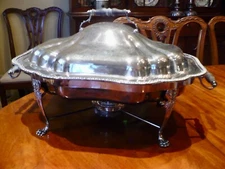 Triple Au Bain Marie Covered Silver Plate Serving Dish Sterno Wooden Handles WOW