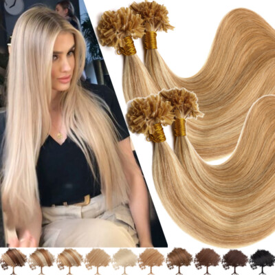 STRAIGHT Bonded Nail U Tip 100% Real Remy Human Hair Extensions Keratin Glue  US