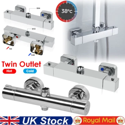 Thermostatic Shower Mixer Diverter Bar Valve Tap Twin Outlet Chrome Bathroom UK