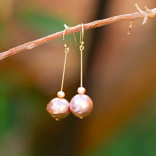 E210 Baroque 11-12mm pearl Natural amazing Gold-Purple 14KGF earring AAAALUSTER  - Picture 3 of 12