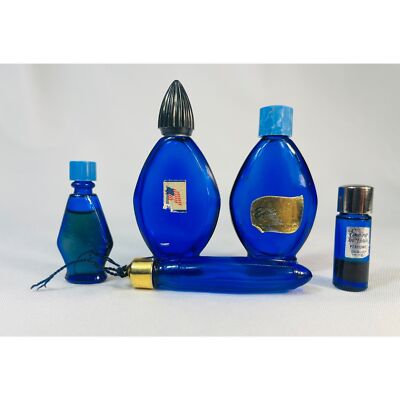 Five Perfume Bottles ''Evening in Paris'' Cobalt Blue Vintage Partial Contents 