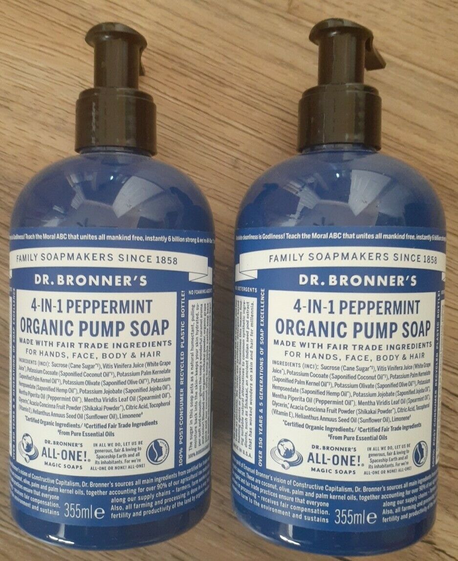 DR BRONNER`S ORGANIC 4-in-1 PEPPERMINT PUMP SOAP 356ml - FAIRTRADE LOT OF 2