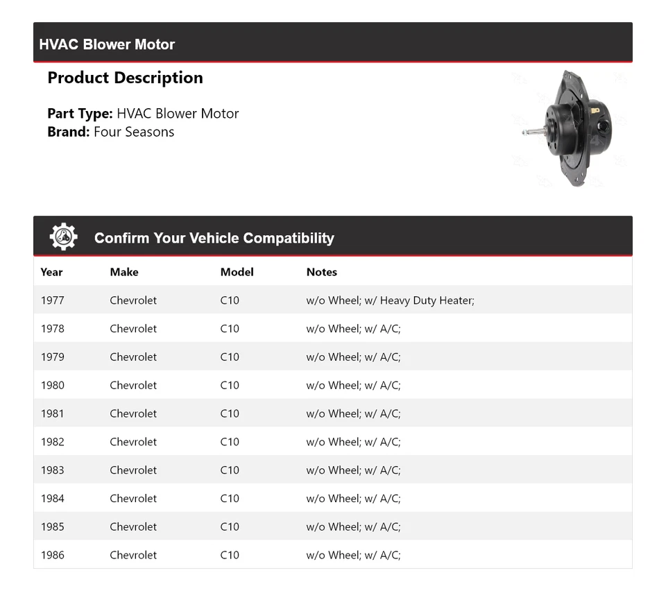 Motor soplador de climatización para Chevrolet C10 1977-1986 4 estaciones 1978 1979 1980 1981 1982 Foto 2 de 4