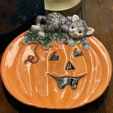 Fitz and Floyd ~ Halloween Canape Plate ~ Pumpkin with Kitty NIB #2063/139