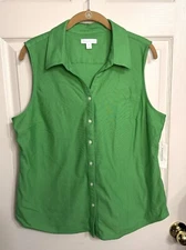 NWT Charter Club Size L/14 Green Pique Sleeveless Knit Button-Down Top Shirt
