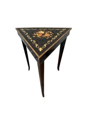Vintage Italian Inlaid Triangular Accent Side Table, Floral Marquetry Wood