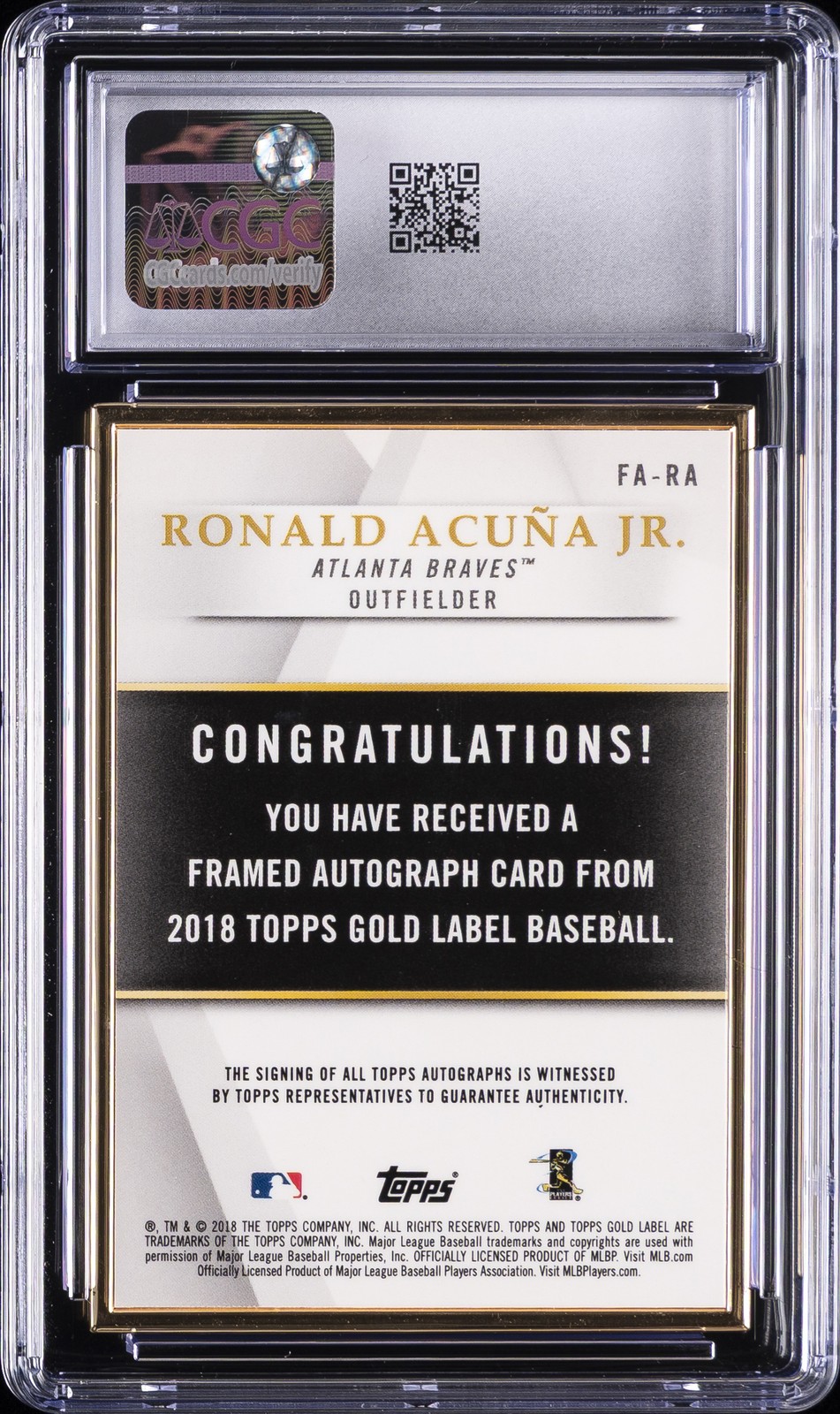 2018 TOPPS GOLD LABEL FRAMED AUTOS GOLD #FA-RA RONALD ACUNA JR ROOKIE RC CGC 9 view 2