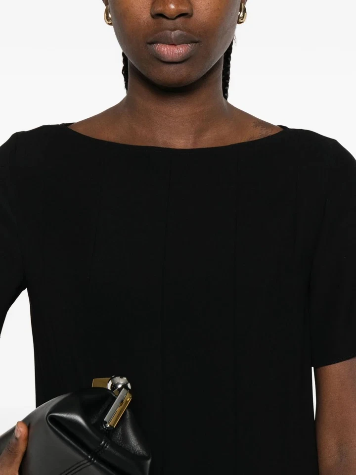 Emporio Armani Pleated Techno Cady Dress - Black, Short Sleeves, Boat Neck - Image 2 of 4