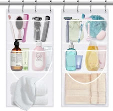 2PCS Mesh Shower Organizer Hanging,Shower Curtain Liner Pockets Hanging with Poc
