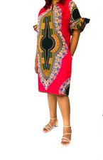 Women African Dashiki Print Flare Dress with Pleated Sleeve Cuffs