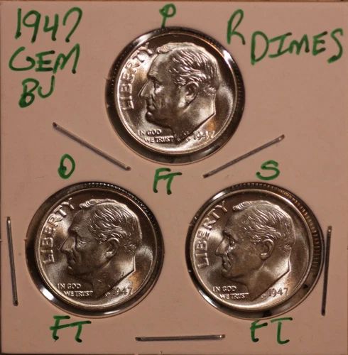 1947 P D S  Roosevelt Dimes GEM BU ! ALL FULL BANDS!LUSTER!  US  47909 (3 COINS)