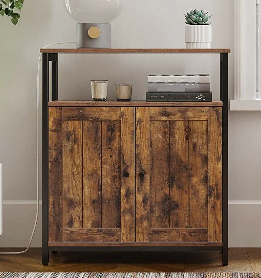 Industrial Storage Cabinet Vintage Side Door Cupboard Rustic Metal Console Table