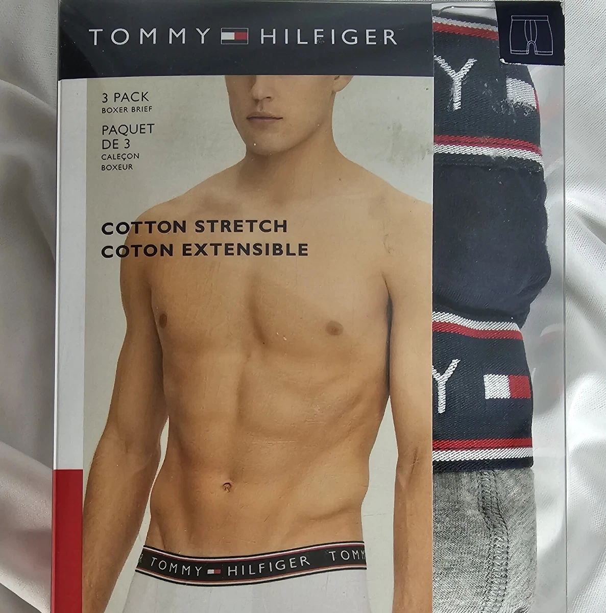 Tommy Hilfiger 2 Pk Cotton Stretch Boxer Briefs L Navy Blue, Gray, Contour  Pouch