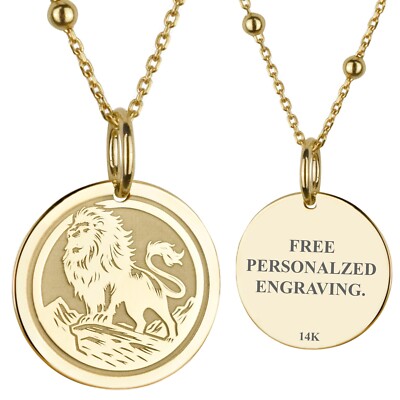 14K Gold Lion Necklace, Personalized Lion Charm, Leo Zodiac Coin, Leo Sign  Disc