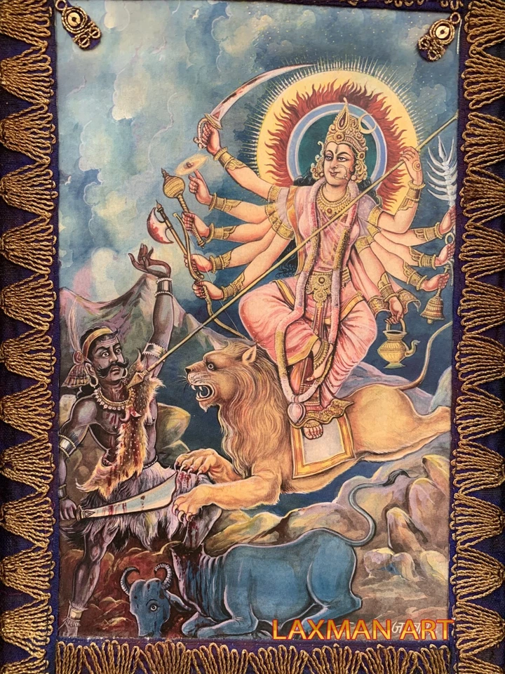 Moldura Devi Durga Mata, Maa Durga matou Mahishasura, Moldura de Deus de Madeira-9x12" - Imagem 4 de 4