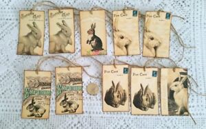 Easter~Primitive~Bunny~Rabbit~Hare~Linen Cardstock~Gift~Hang~Tags 