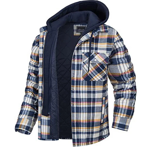 Chaqueta Camisa de Franela a Cuadros Para Hombre Completamente Acolchada Forrada 5 Bolsillos Cálida Cremallera Sudadera con Capucha - Imagen 8 de 19