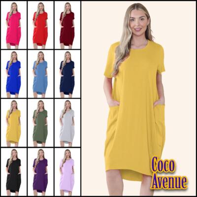 Damen Italienisches Taschen Baggy Kleid Lagenlook Oberteil Uni Kurzarm Minikleid