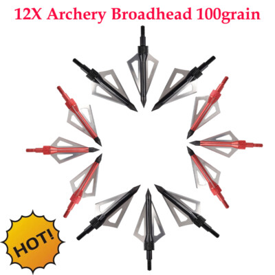 12PCS Archery Broadhead 100grain 3-blade cut 5/6'' ArrowHead Hunting Point Arrows