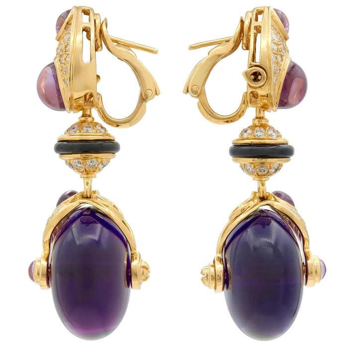 Pneu Drop Diamond Amethyst Onyx Vintage Earring by Marina B View 4
